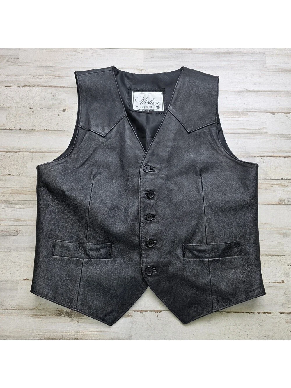 Vintage Vichen Of USA Black 100% Leather Men’s Vest Size S Western Yoke Biker